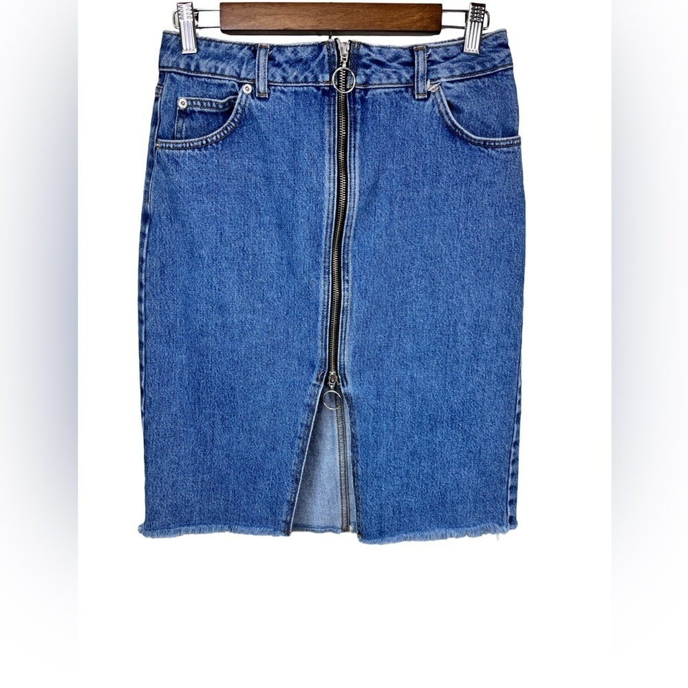 Topshop Moto Women’s Denim 5 Pocket Double Zip Front Slit Raw Hem Jean Skirt US6